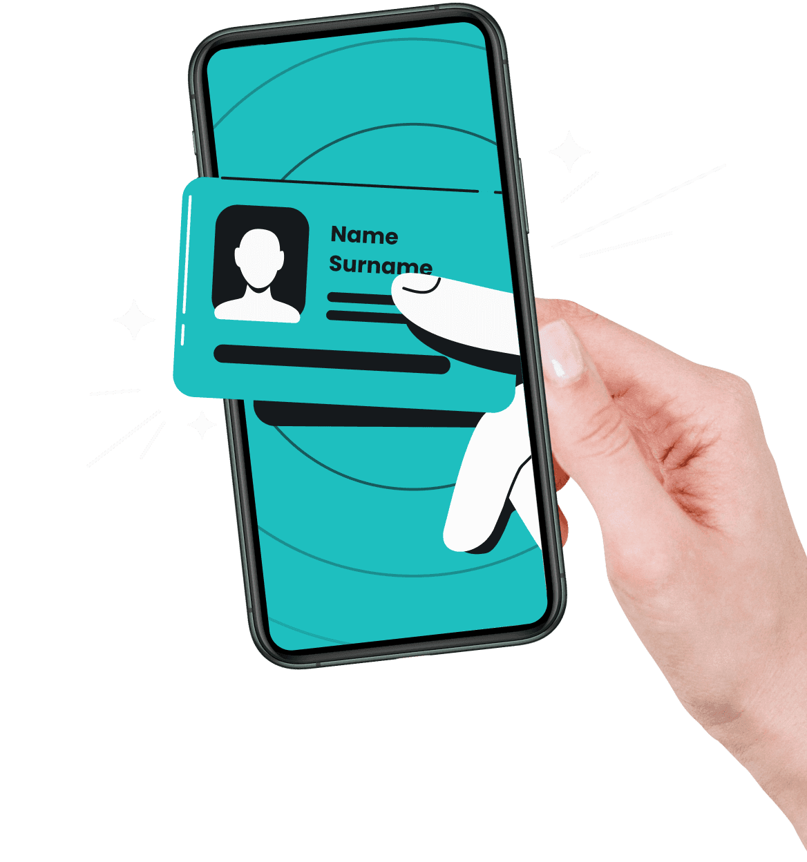 A hand holding Alternative ID card inside a teal smartphone. Name and surname are written on the card.