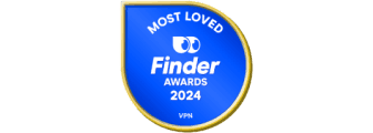 A black and white Finder Awards 2024 badge for Most Loved VPN.