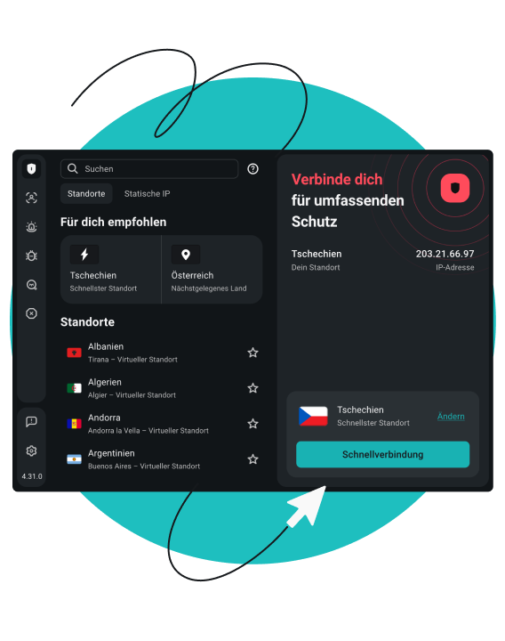 Screenshot der Surfshark VPN-Benutzeroberfläche mit dem Text „Verbunden und sicher“ und den Schaltflächen „Trennen“ und „Pause“.
