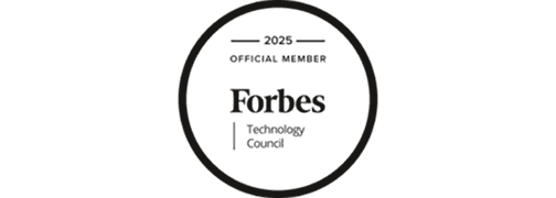 A black and white Forbes Technology Council member’s badge for 2025.