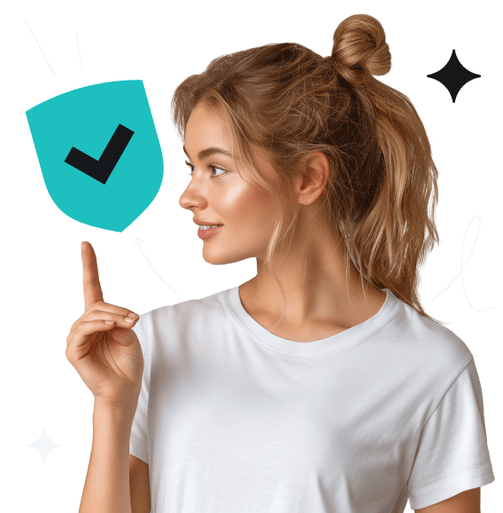 A smiling woman in a white t shirt pointing at a blue shield with a black checkmark inside of it.
