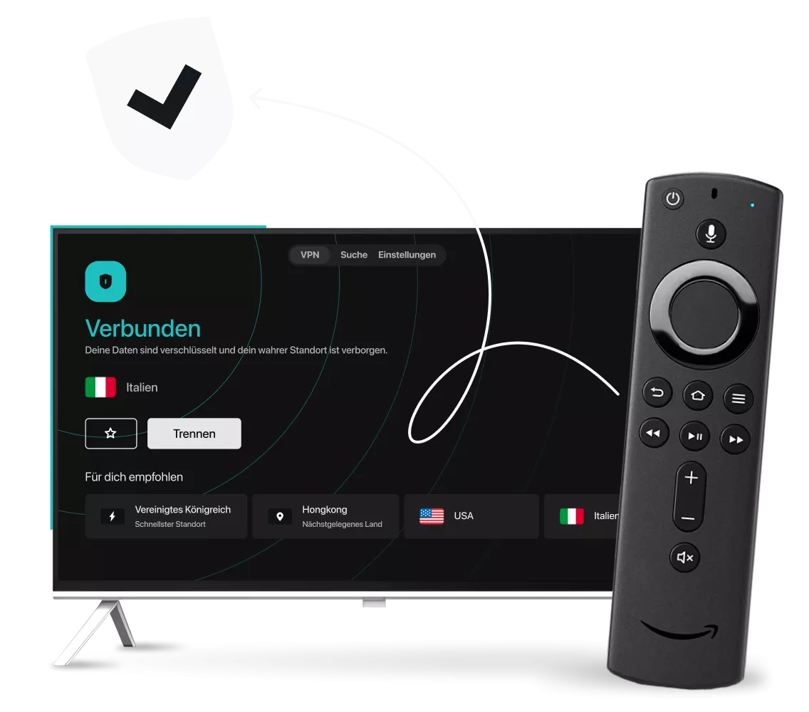 Ein Smart-TV mit der Surfshark VPN-Oberfläche neben einer Amazon Fire TV-Fernbedienung, einem gebogenen Pfeil und einem Häkchen-Symbol.