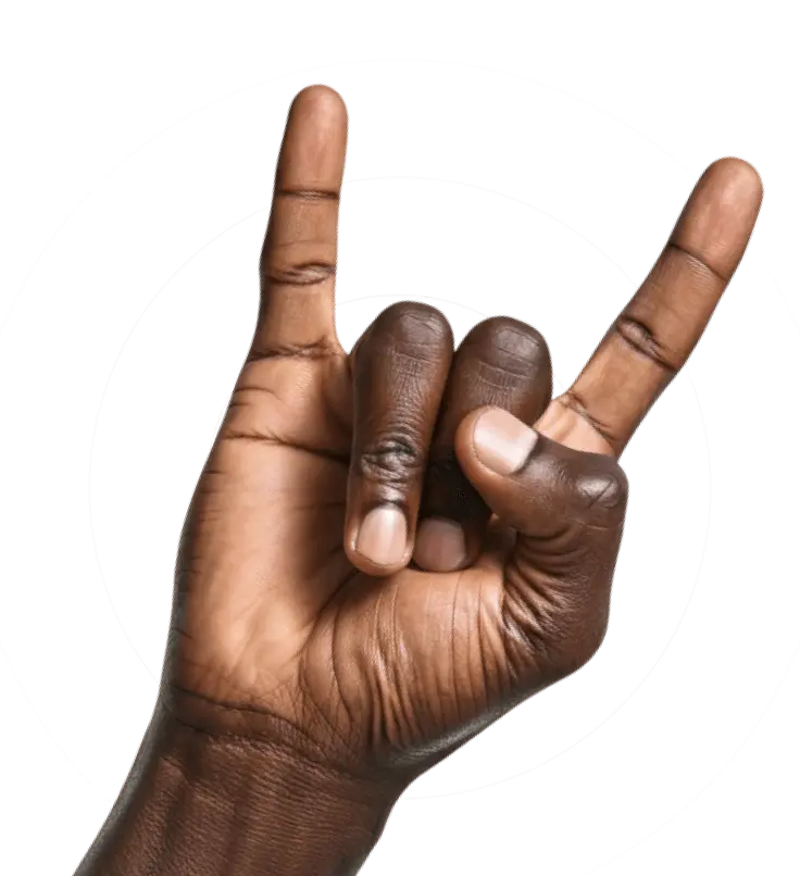 A hand with its index and pinky fingers extended and the other fingers folded down.