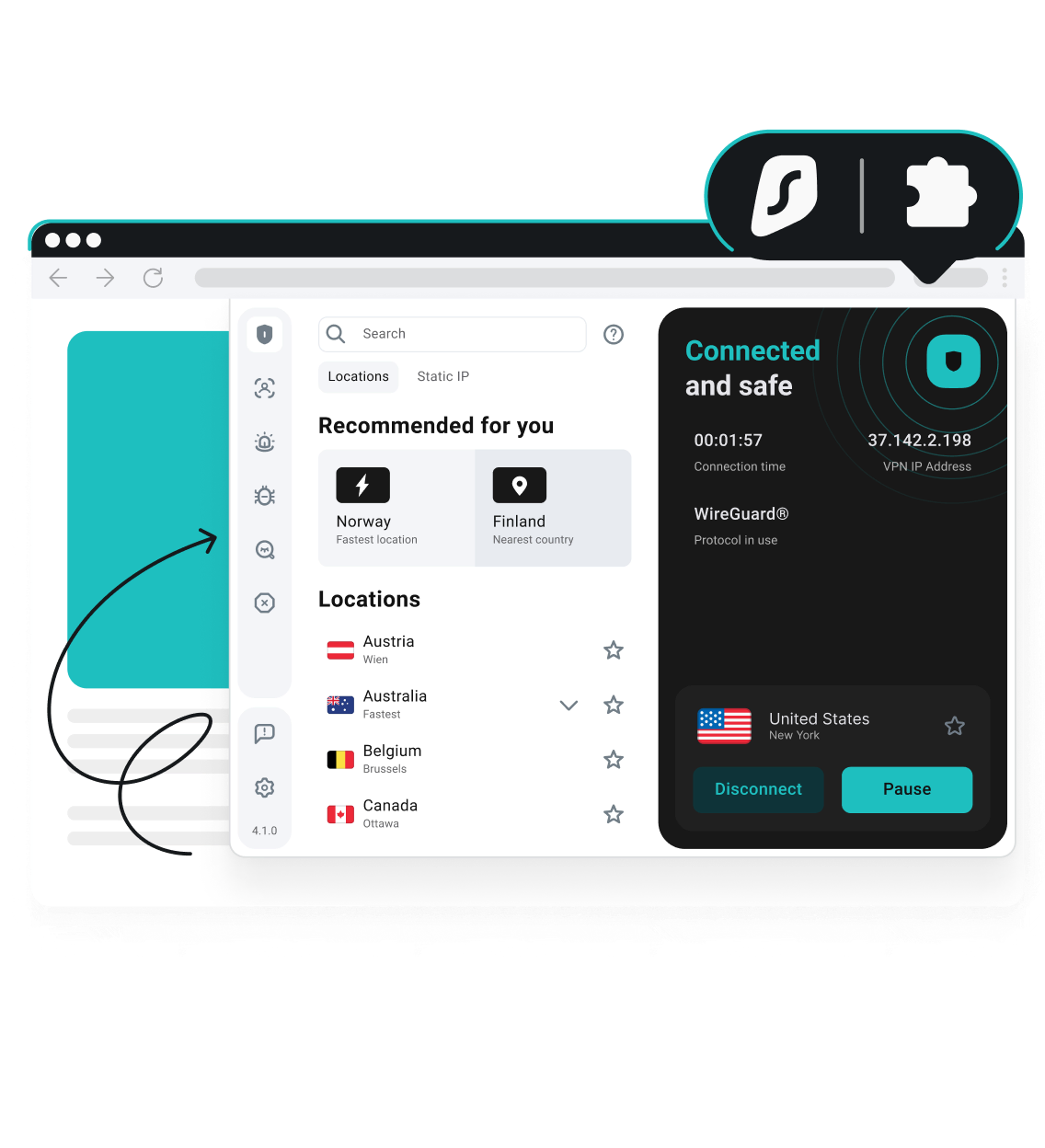 A Surfshark VPN extension in a web browser showing a US connection, with the Surfshark logo and a puzzle piece icon.