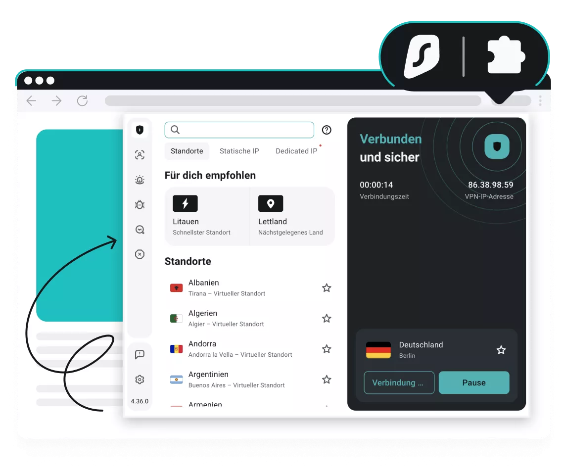 Eine Surfshark VPN-Erweiterung in einem Webbrowser mit einer US-Verbindung unter dem Surfshark-Logo und einem Puzzleteil-Symbol.