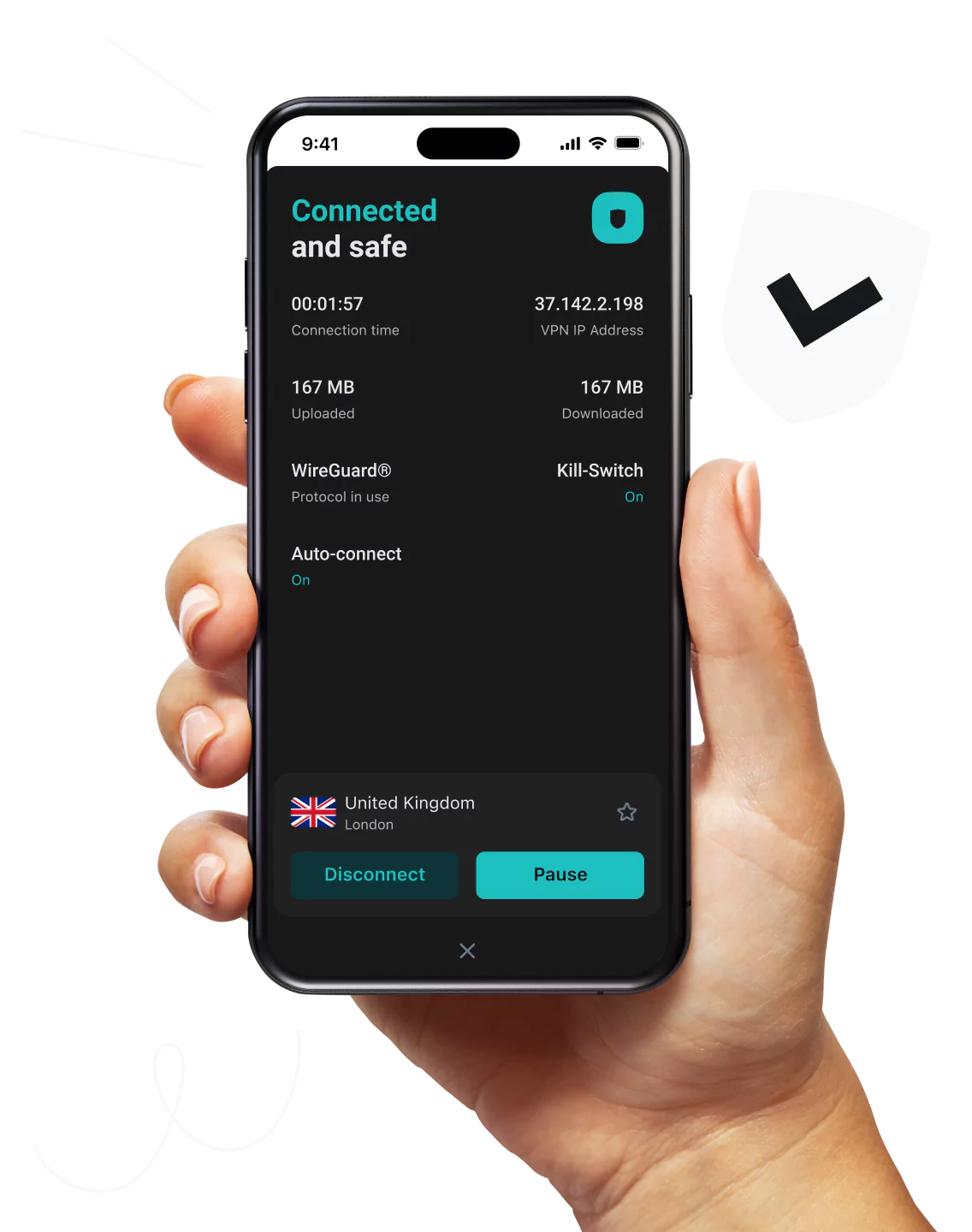 A hand holding a smartphone with the Surfshark VPN app open connected to a London UK server showing data usage figures.