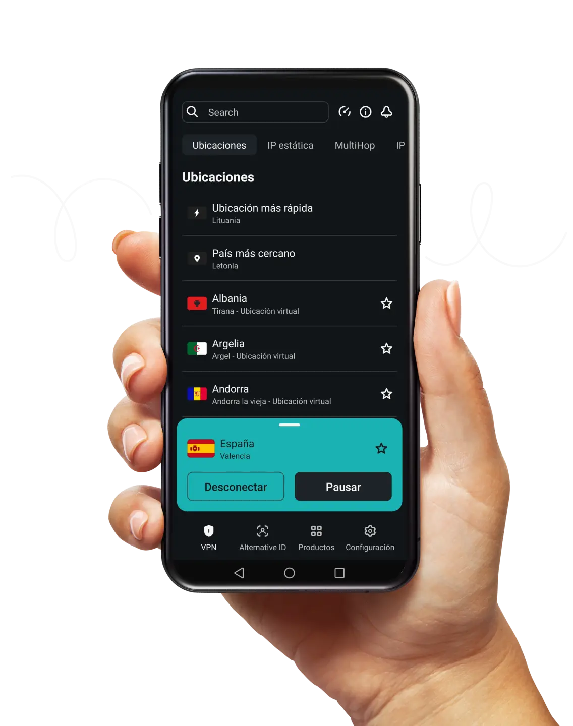 Una mano sujetando un smartphone que muestra una lista de ubicaciones VPN, con un garabato blanco de fondo.
