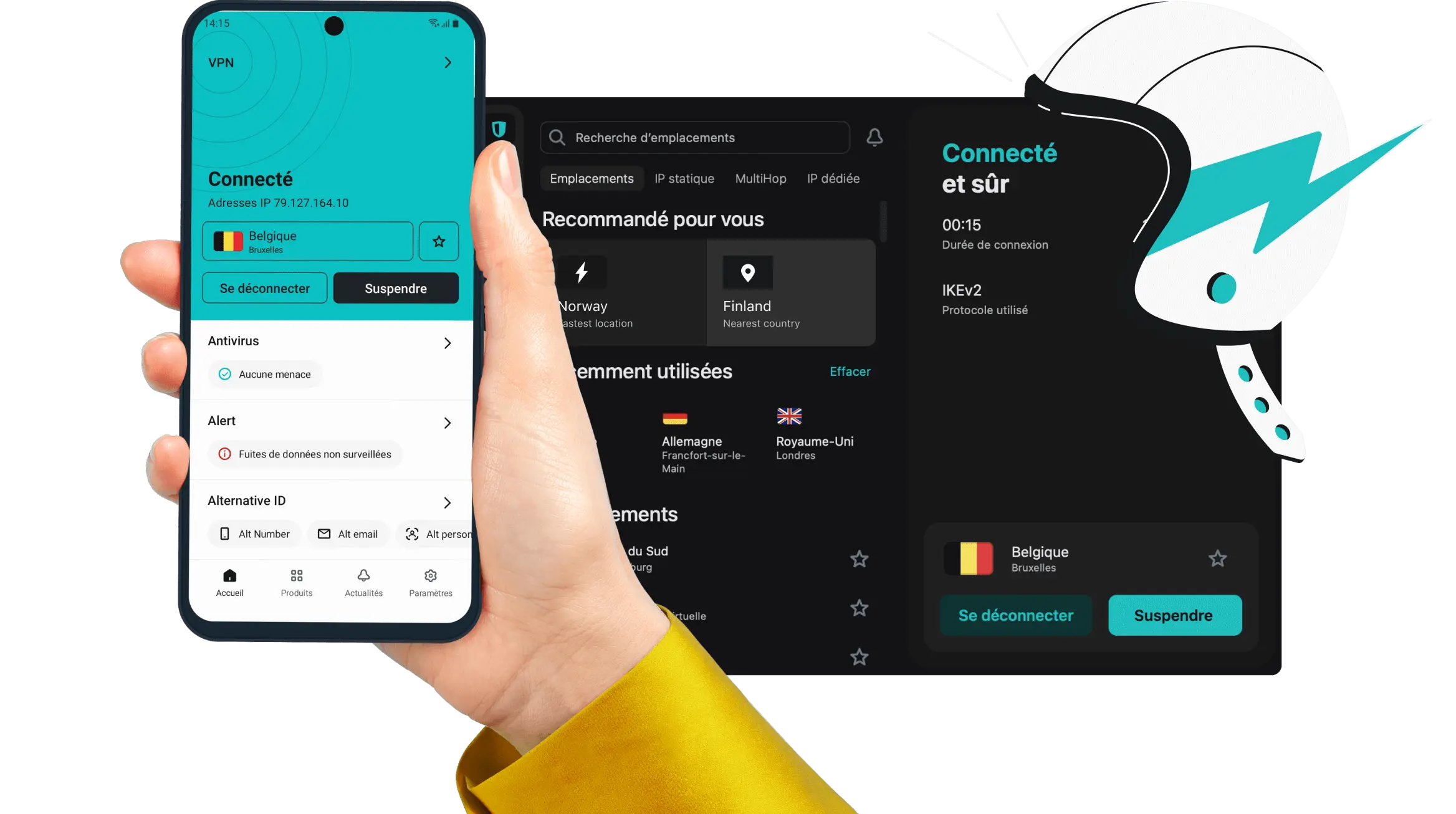 Une main tenant un téléphone avec l’application Surfshark ouverte et l’interface en arrière-plan.