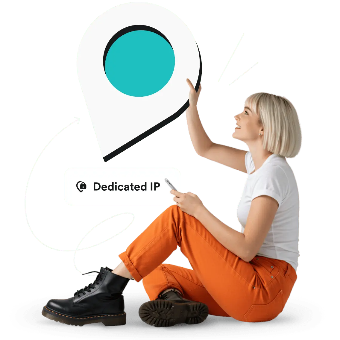 A seated woman holding a smartphone and a large location pin over a rounded rectangular box with the text Dedicated IP.