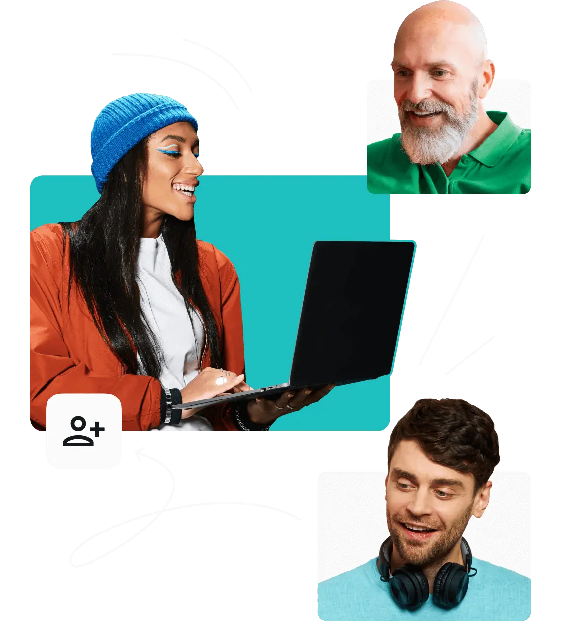 Two smiling men and a woman. One of the men is wearing a red beanie and glasses.