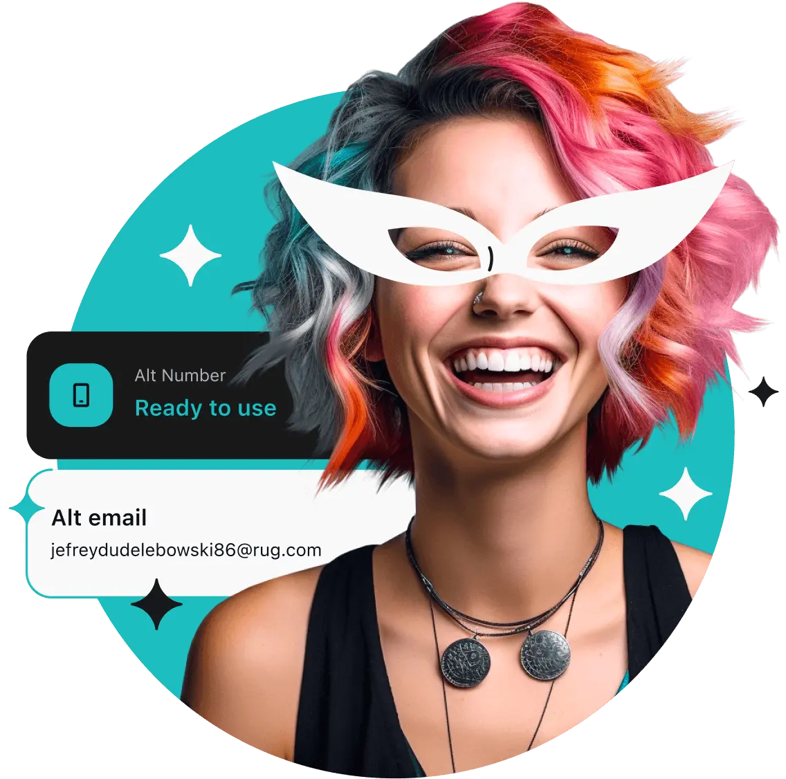 A smiling woman with colorful hair and white glasses; behind her are two boxes with an alternative number and email.