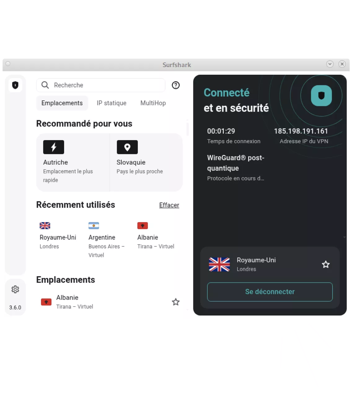 Le tableau de bord de l’application Surfshark VPN pour Linux affiche une connexion sécurisée au serveur du Royaume-Uni.