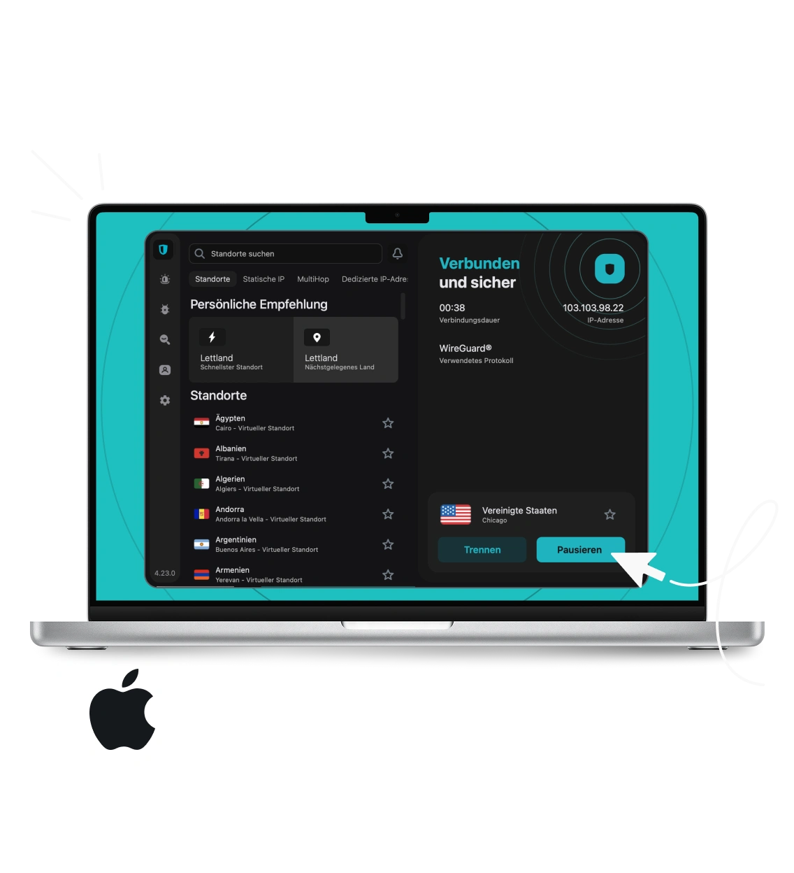 Ein MacBook zeigt die Surfshark VPN-App-Oberfläche und darunter das Apple-Logo.