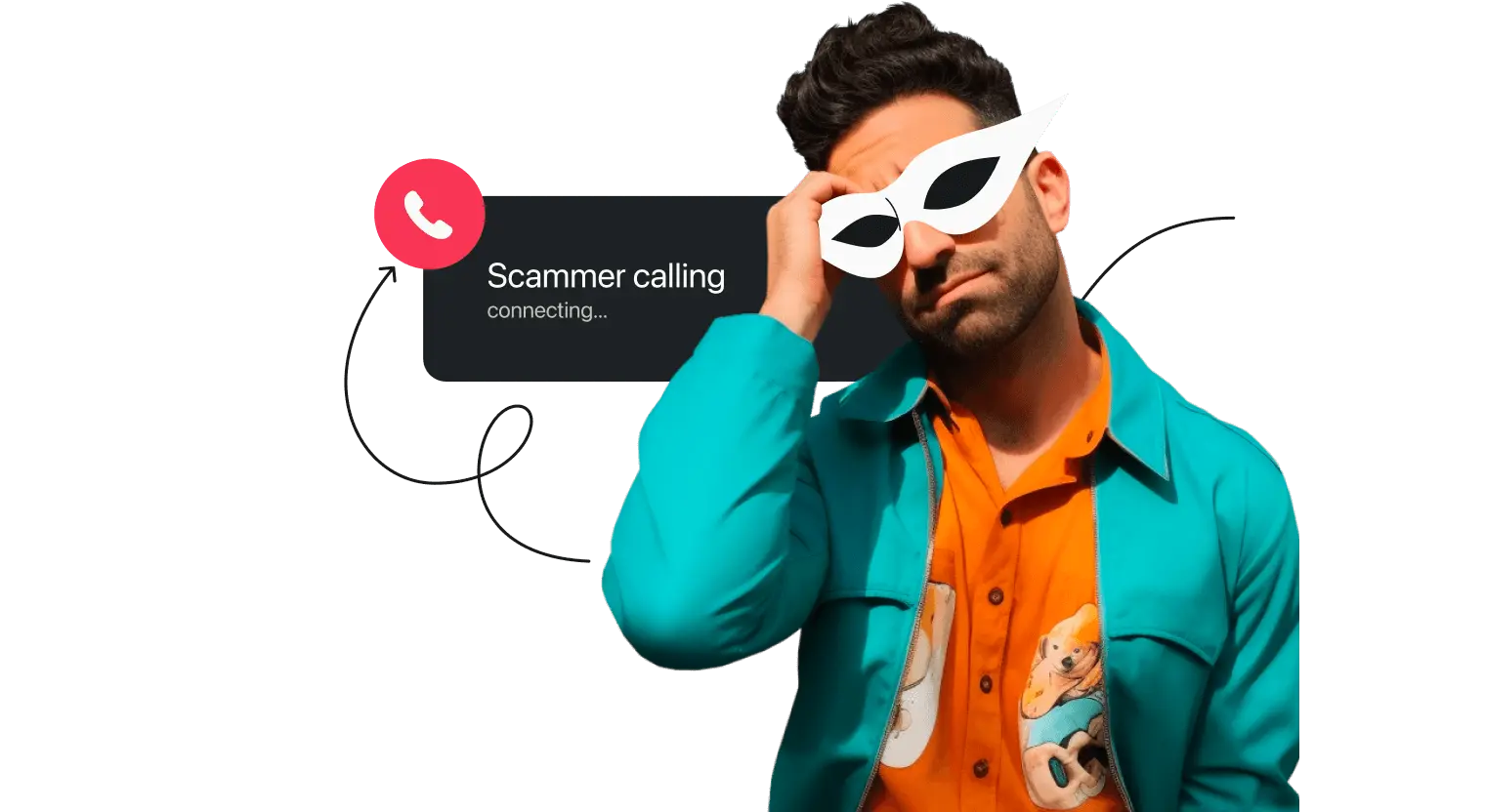 A man in a teal jacket, orange shirt, and white glasses is frowning. Behind him is a text box saying scammers calling.