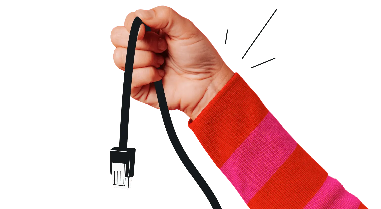 A hand in a striped sleeve gripping a black cable, with a set of impact lines radiating outward.