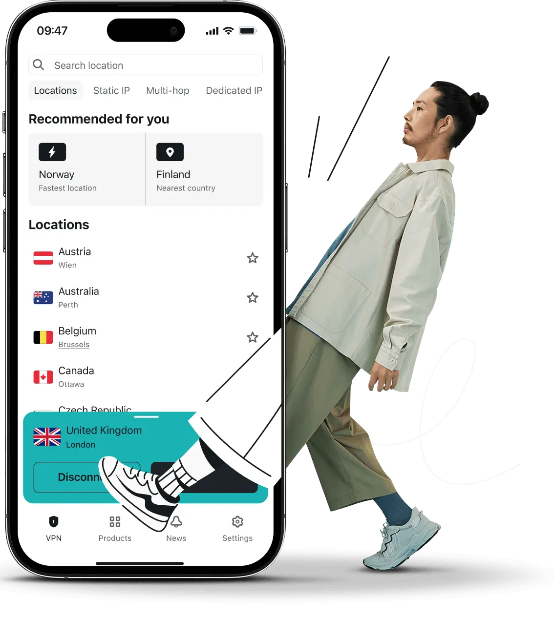 A man stepping forward with one leg cartoonized and overlapping a smartphone screen showing the Surfshark VPN app interface.
