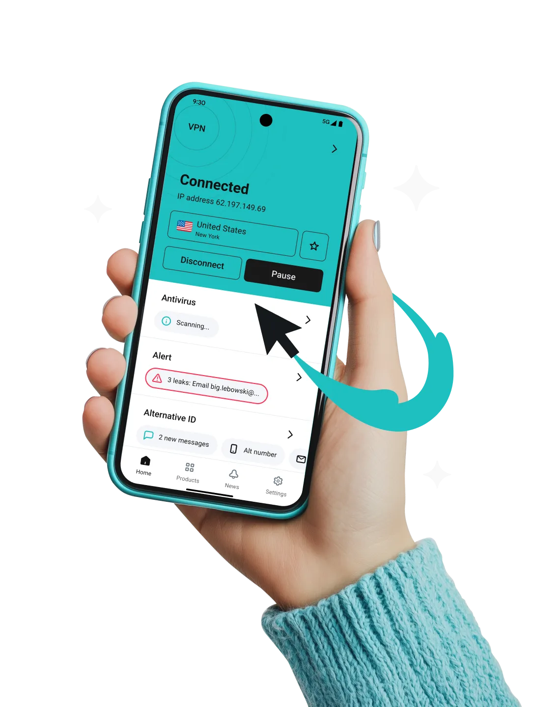 Una mano tiene un telefono che mostra un'app VPN connessa a un server negli Stati Uniti con scansione antivirus e un avviso di perdita di dati.