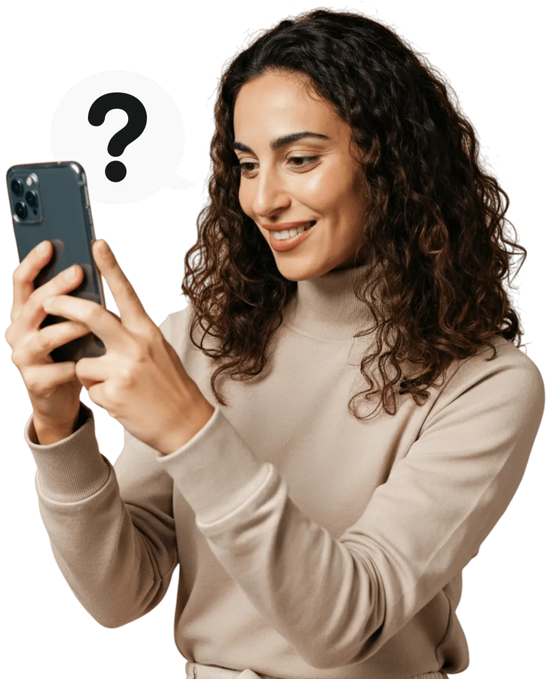 Une femme regardant son téléphone en souriant, avec un point d’interrogation dans une bulle de parole à côté d’elle.