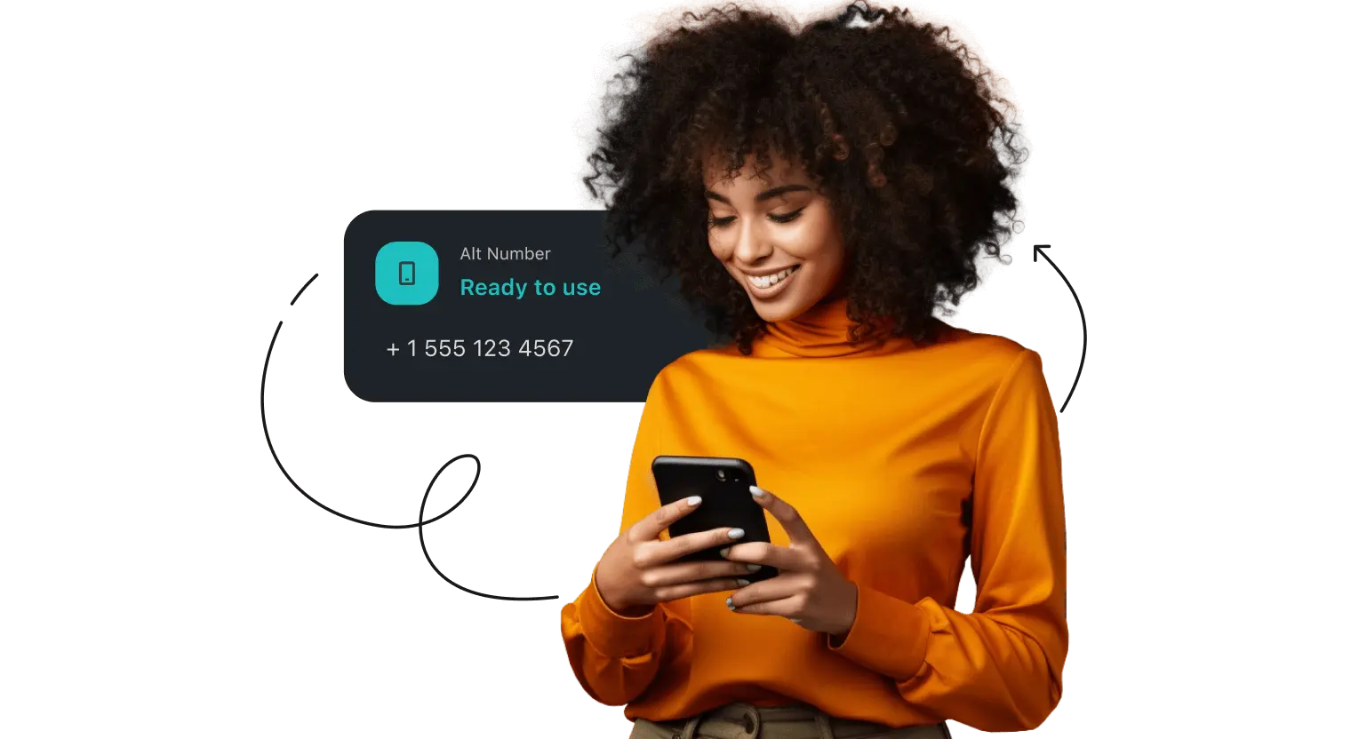 A smiling woman in an orange turtleneck looking at her smartphone. A box with an alternative number ready to use is behind.